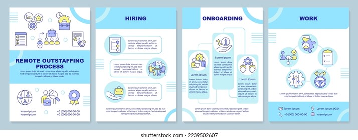 Remote outstaffing process blue brochure template. Onboarding. Leaflet design with linear icons. Editable 4 vector layouts for presentation, annual reports. Arial-Black, Myriad Pro-Regular fonts used