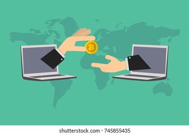 Remote payment for work done online. an executive hand delivers salary in bitcoins, crypto digital currency with worldwide validity