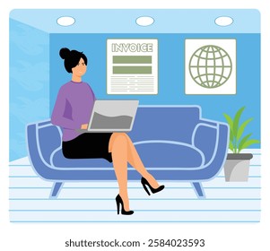 Remote payroll concept. Fill out an invoice using computer. A professional woman works on her laptop while seated in a stylish office setting. Flat vector modern illustration 