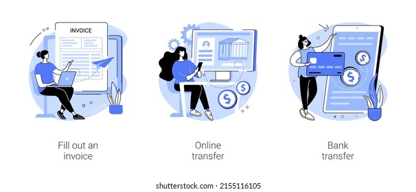Remote payroll isolated cartoon vector illustrations set. Freelancer filling invoice, distance job payroll, money transfer online, remote work payment, get salary on bank account vector cartoon.