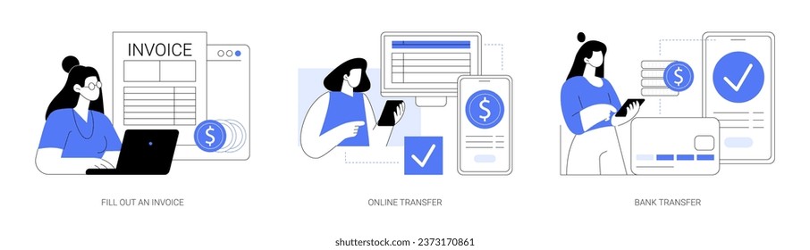 Remote payroll isolated cartoon vector illustrations set. Freelancer filling invoice, distance job payroll, money transfer online, remote work payment, get salary on bank account vector cartoon.