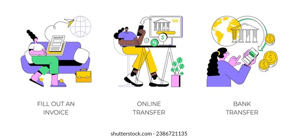 Remote payroll isolated cartoon vector illustrations set. Freelancer filling invoice, distance job payroll, money transfer online, remote work payment, get salary on bank account vector cartoon.