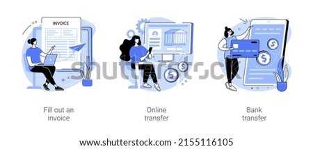 Remote payroll isolated cartoon vector illustrations set. Freelancer filling invoice, distance job payroll, money transfer online, remote work payment, get salary on bank account vector cartoon.