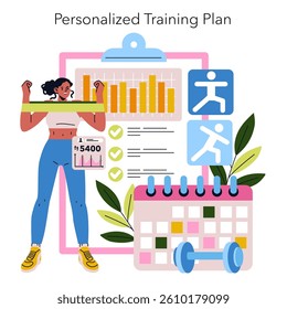 Remote personal training allows individuals to engage in fitness through customized plans, workouts, and progress tracking all from home. This illustration features a trainer with a plan, calendar