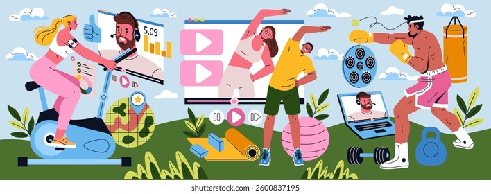 Remote personal training concept illustrating diverse workouts at home. Features individuals engaging in various activities, guided by digital platforms. Focus on motivation, wellness, and fitness