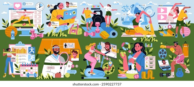 Remote personal training is illustrated through various activities showcasing virtual workouts, nutrition guidance, and fitness tracking, engaging users in a healthy lifestyle. This content emphasizes