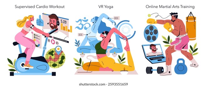 Remote personal training illustration. It features diverse workouts such as cardio, yoga, and martial arts facilitated through online platforms, promoting fitness accessibility and engagement. Vector