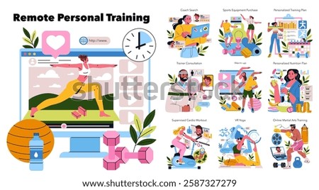 Remote Personal Training illustration showcases engaging online fitness solutions. It includes video workouts, personalized plans, consultations, and various training options for all fitness levels
