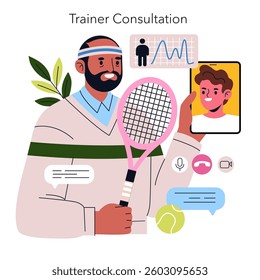 Remote personal training session with a focus on tennis techniques. Features a trainer holding a racket, consulting a client via video call. Promotes fitness, motivation, and technology in sports