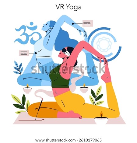 Remote personal training through VR yoga encourages fitness and mindfulness. The illustration presents two figures practicing yoga in a virtual environment surrounded by calming elements and symbols