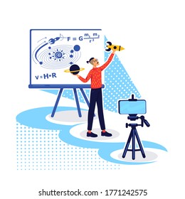 Remote physics class flat concept vector illustration. Record class on science. Stream educational course. Teacher 2D cartoon character for web design. Distant learning creative idea