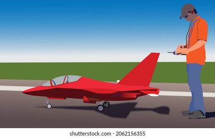 a remote pilot with jet engine  aircraft ready to take off. Expensive hobby for aero sports with airplane radio control