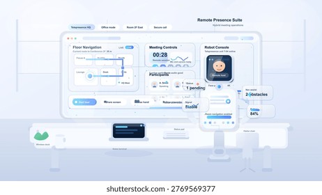 Remote presence suite interface with telepresence robot console, meeting controls and office navigation dashboard