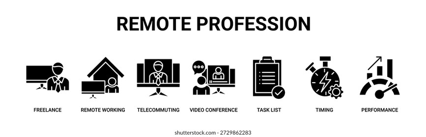 Remote Profession web banner icon vector illustration concept with icons of freelance work, remote working, telecommuting, video communication, task scheduling, time management, and performance.