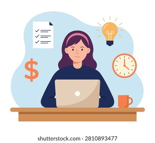 Remote professional working on laptop with business planning finance and productivity elements illustrating home office entrepreneurship digital workflow online management and modern flexible career concepts.