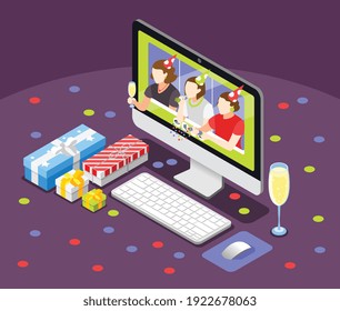 Isoometrischer Hintergrund der Remote-Quarantäne mit Symbolen für Online-Treffen, Vektorgrafik