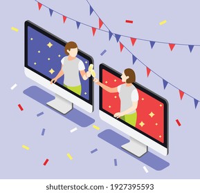Remote quarantine party isometric background with celebration symbols vector illustration