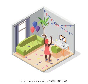 Remote Quarantine Party Isometric Composition With Virtual Celebration Symbols Vector Illustration