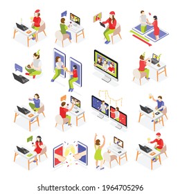 Remote quarantine party isometric icons set with celebration symbols isolated vector illustration