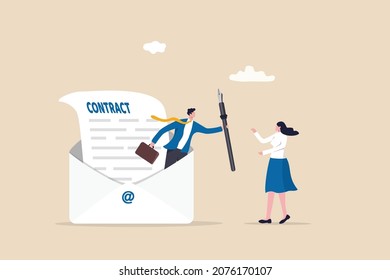 Remote recruitment, job offer email for accepted candidate, online employment technology or electronic contract signing, smart businessman from email envelope offer pen for candidate to sign contract.