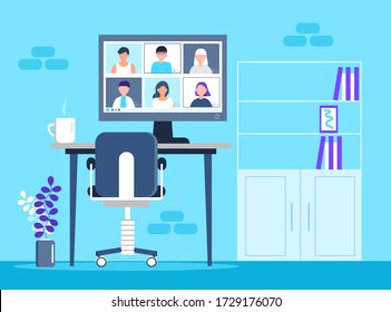 Remote school class is studying. Video call conference concept vector. Social distancing during quarantine. University online course illustration. Teleconference and webinar concept. Room is empty.