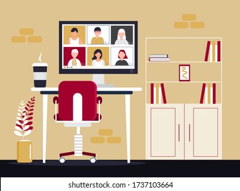 Remote school class is studying. Video call conference concept vector. Social distancing during quarantine. University online course illustration. Teleconference and webinar concept. Room is empty.