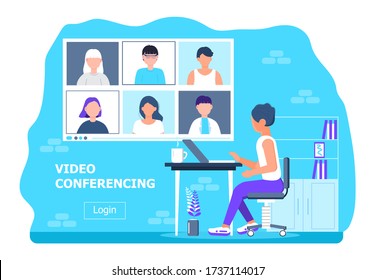 Remote school class is studying. Video call conference concept vector. Social distancing during quarantine. University online course teacher is working. Teleconference and webinar illustration.