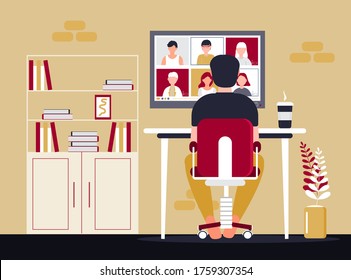 Remote school class is studying. Video call conference concept vector. Social distancing during quarantine. University online course illustration. Teleconference and webinar concept. Teacher works.