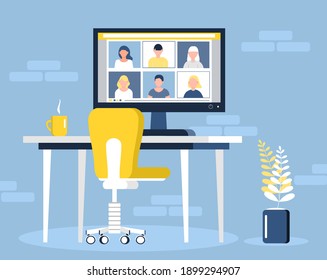 Remote school class is studying. Video call conference concept vector. Social distancing during quarantine. University online course illustration. Teleconference and webinar concept. Room is empty.