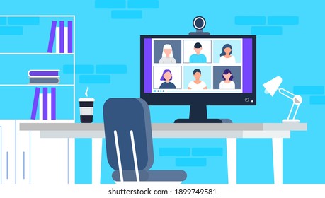 Remote school class is studying. Video call conference concept vector. Social distancing during quarantine. University online course illustration. Teleconference and webinar concept. Room is empty.