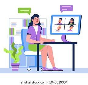 Clase de escuela remota. Vector de concepto de llamadas de videoconferencia. Distanciamiento social durante la cuarentena. El curso universitario en línea con el profesor está funcionando. Teleconferencia o ilustración de webinar.