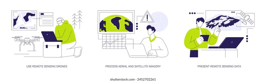 Remote sensing abstract concept vector illustration set. Use remote sensing drones, process aerial and satellite imagery, 3d images presentation, aerial technology, earth research abstract metaphor.