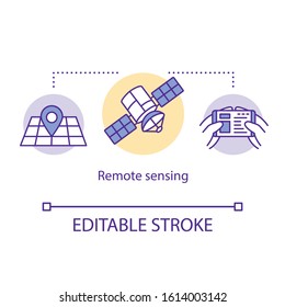 Remote Sensing Concept Icon. Use Of Satellite Imagery. Orbital Observation. Orienteering With GPS Technology Idea Thin Line Illustration. Vector Isolated Outline Drawing. Editable Stroke