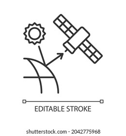 Remote sensing satellite linear icon. Digital Earth conceptualization. Planet replica creating. Thin line customizable illustration. Contour symbol. Vector isolated outline drawing. Editable stroke