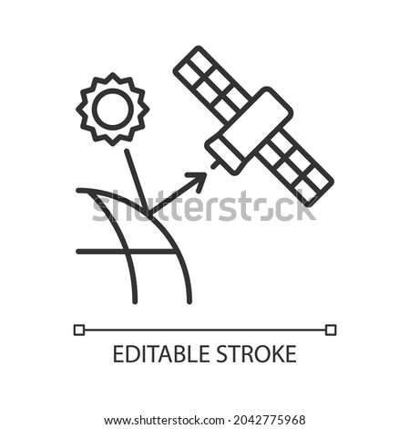 Remote sensing satellite linear icon. Digital Earth conceptualization. Planet replica creating. Thin line customizable illustration. Contour symbol. Vector isolated outline drawing. Editable stroke