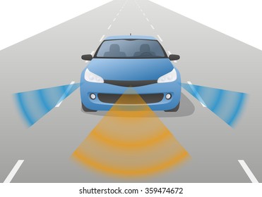 Remote Sensing System Of Vehicle, Front View. Smart Car, Safety Car, Autonomous Car, Vector