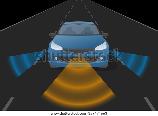 Remote Sensing System of Vehicle,\
front view. smart car, safety car, autonomous car,\
vector