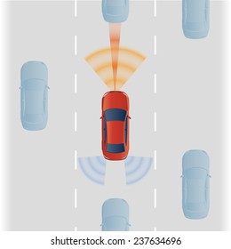 Fernerkundungssystem des Fahrzeugs. intelligentes Auto, Sicherheitsauto, autonomes Auto, Vektorgrafik