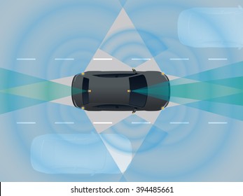 Remote Sensing System of Vehicle. various cameras and sensors, smart car, safety car, autonomous car, top view, vector illustration