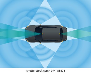 Remote Sensing System of Vehicle. various cameras and sensors, smart car, safety car, autonomous car, top view, vector illustration