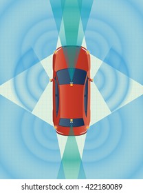 Remote Sensing System of Vehicle. various cameras and sensors, smart car, safety car, autonomous car, top view, vector illustration