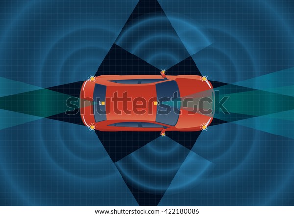 Remote Sensing System of Vehicle. various\
cameras and sensors, smart car, safety car, autonomous car, top\
view, vector\
illustration