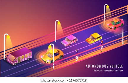 Remote Sensing Technology Based Autonomous Vehicles On Urban Landscape Background. Responsive Web Template Background.