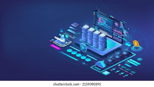 Servidor remoto con un superordenador en el portátil. Sala de servidores en línea, GPU, Ai, computación cuántica. Gran procesamiento de datos. Supercomputadora con GPU para minería en granjas de criptodivisa. Sala de servidores en línea.