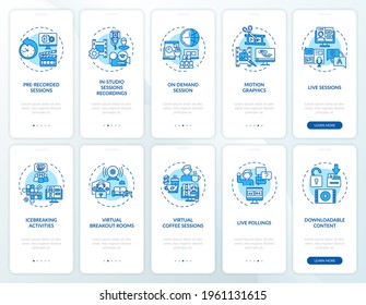 Remote sessions onboarding mobile app page screen with concepts set. Team-working games walkthrough 5 steps graphic instructions. UI, UX, GUI vector template with linear color illustrations