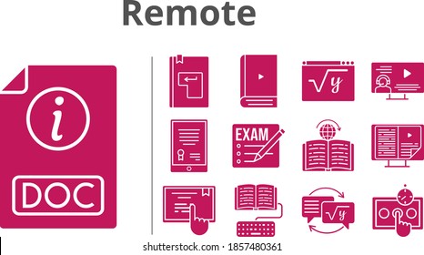 remote set. included exam, tablet, ebook, test, instructor, homework, maths, doc, learning, touchscreen, enter icons. filled styles.