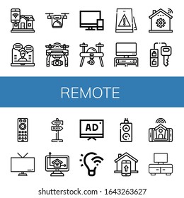 remote simple icons set. Contains such icons as Smart home, Online support, Drone, Televisions, Signaling, Tv, Home automation, Car key, Remote control, can be used for web, mobile and logo
