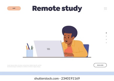 Remote study online service landing page with happy little pupil learner enjoying homeschooling