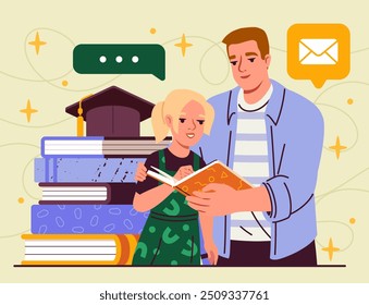 Remote studying girl. Man help daughter with homework. Father and schoolgirl with textbook or fiction. Remote education and learning. Gaining knowledge online. Flat vector illustration