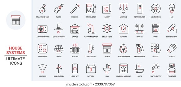 Remote surveillance air conditioner, electrical appliances and device to control energy, temperature lighting, refrigerator. Smart home systems trendy red black thin line icons set vector illustration